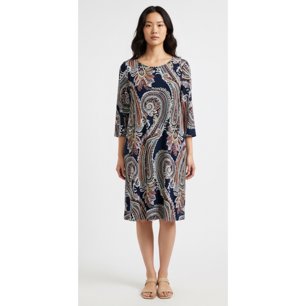 Roz & Ali Women's Size M Paisley Print 3/4 Sleeve Shift Dress Navy Blue